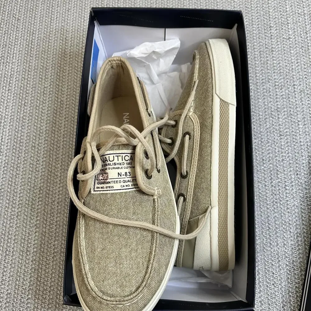 Nautica Mens Jempol Canvas Loafers Washed Natural‎ Beige 8.5 NIB